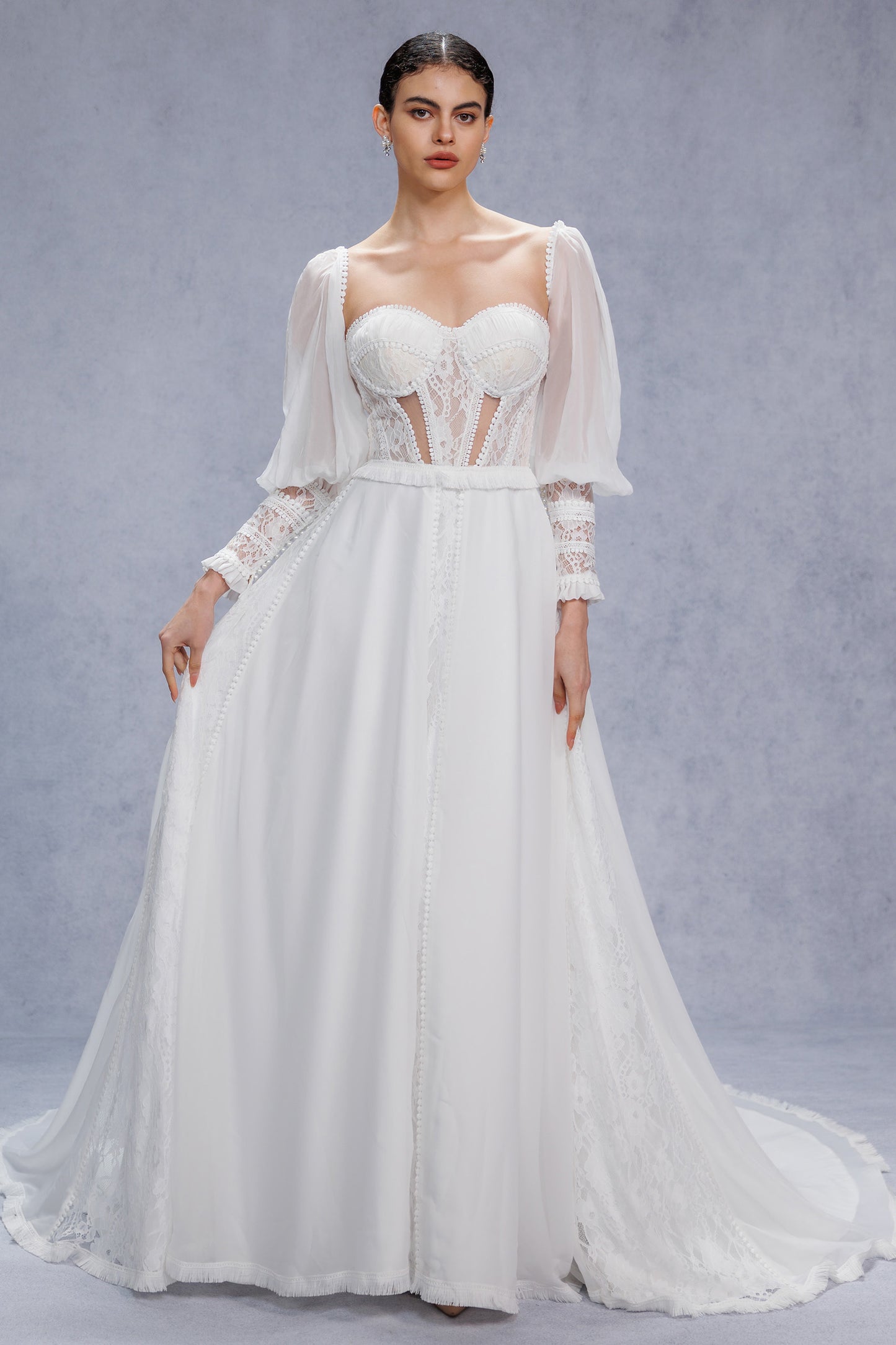 A-Line Court Train Chiffon Lace Wedding Dress CW3357