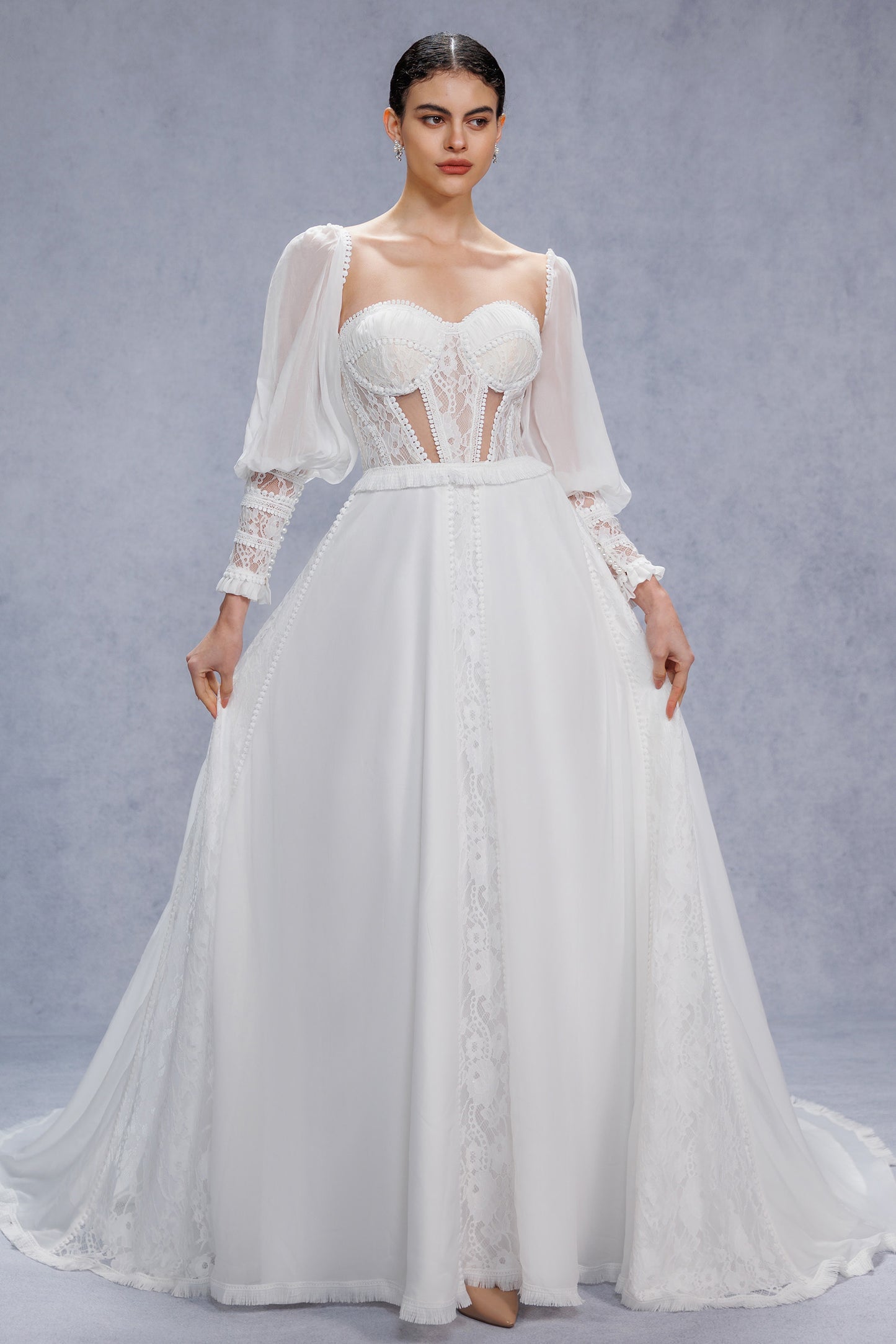 A-Line Court Train Chiffon Lace Wedding Dress CW3357