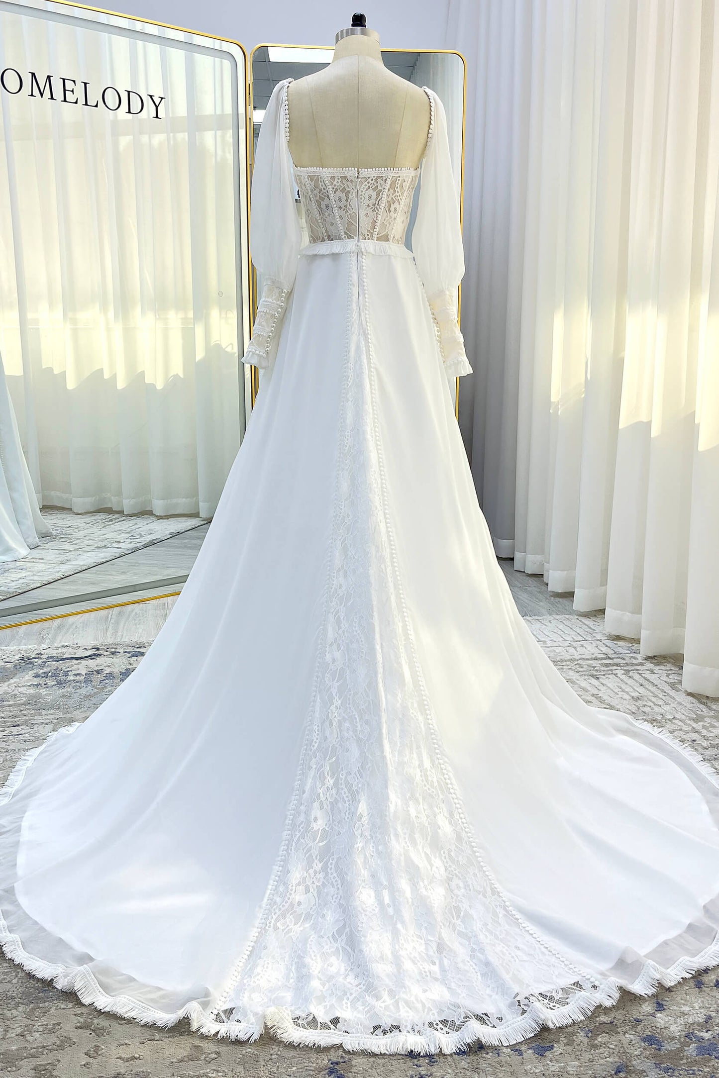 A-Line Court Train Chiffon Lace Wedding Dress CW3357