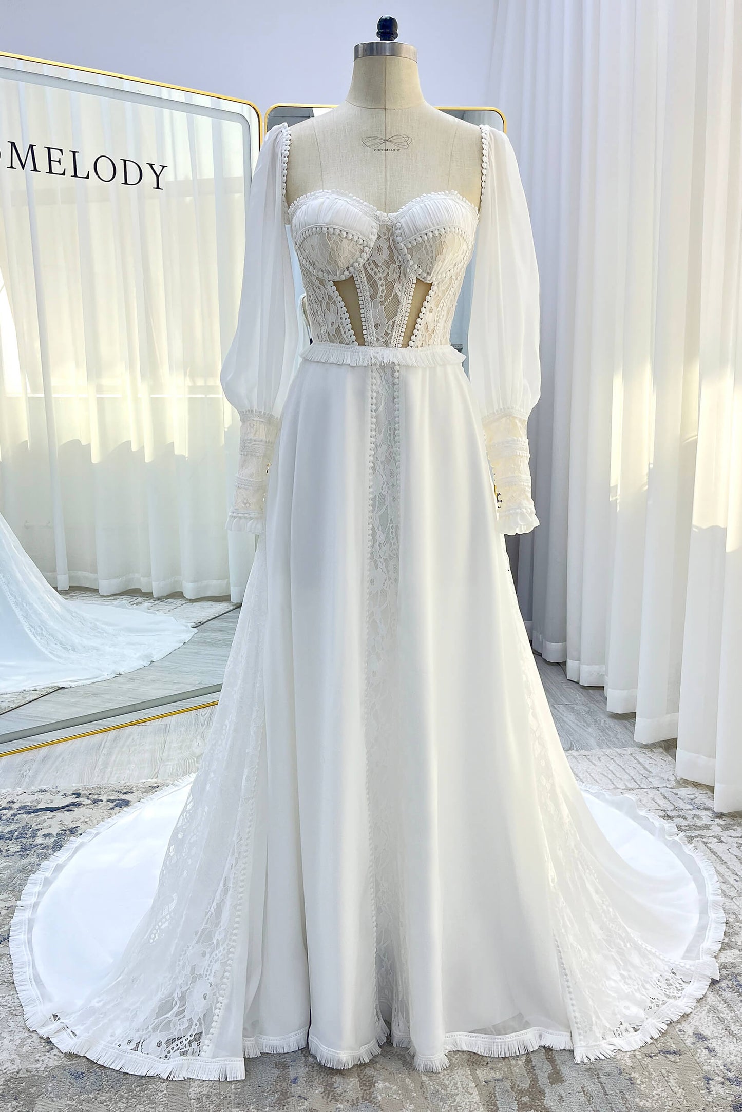 A-Line Court Train Chiffon Lace Wedding Dress CW3357