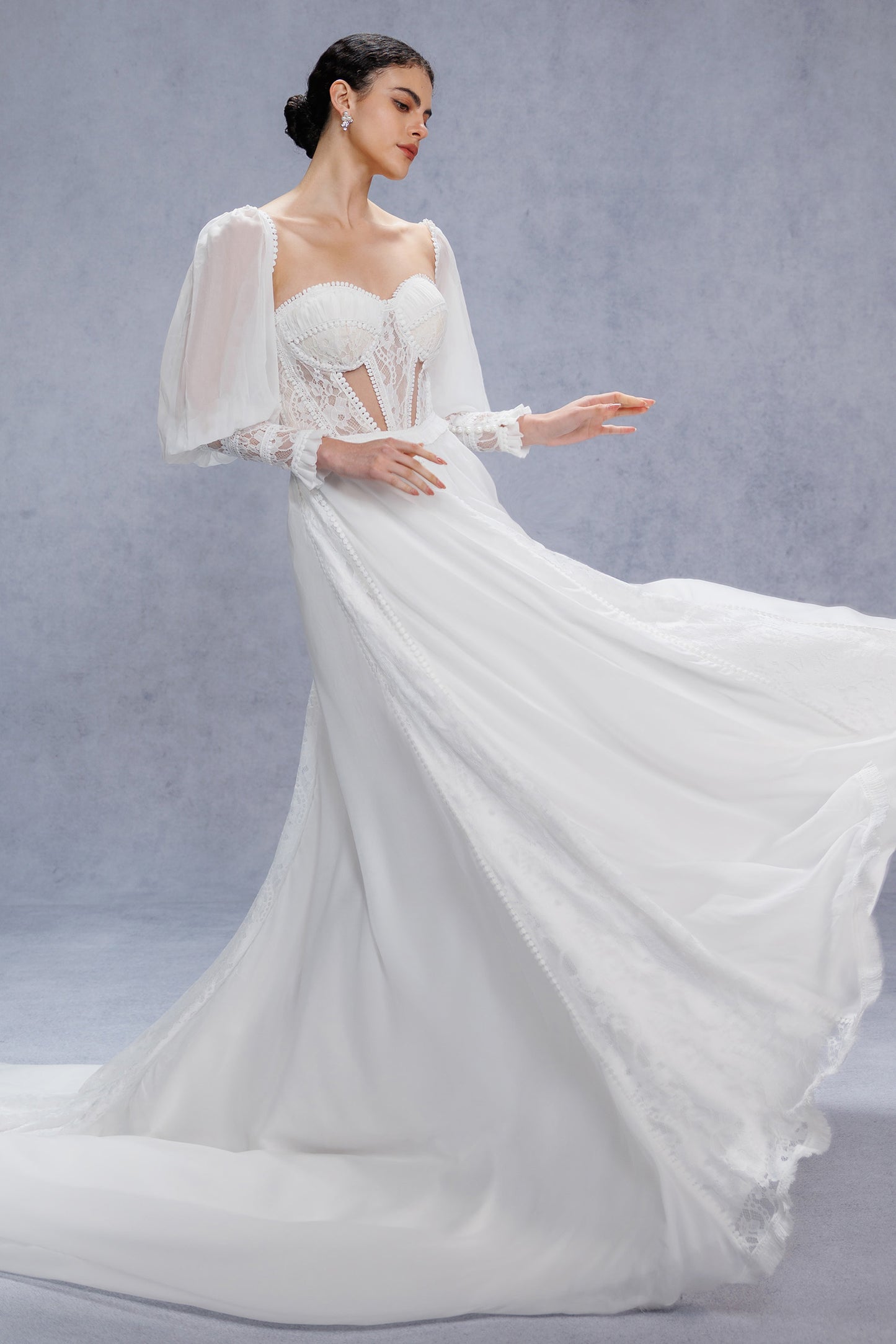 A-Line Court Train Chiffon Lace Wedding Dress CW3357