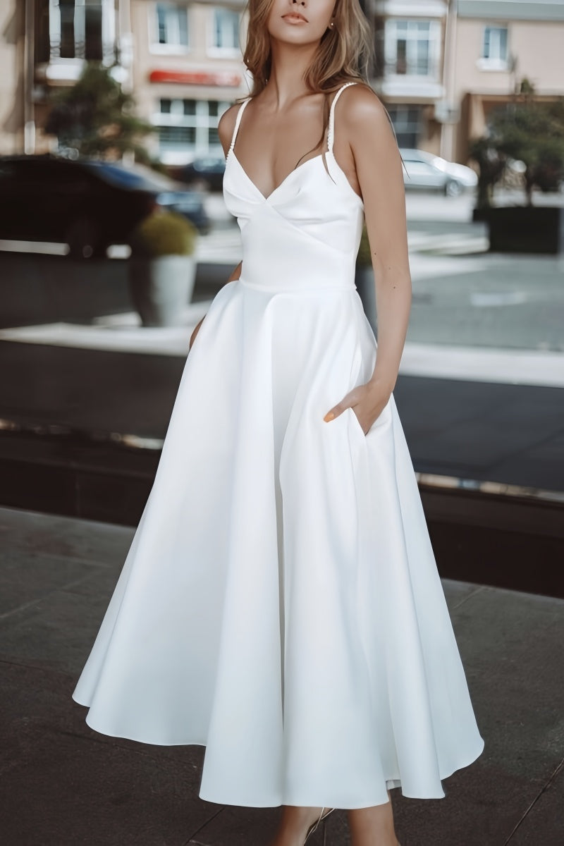 Satin Tea-Length Little White Dress with Pockets CW3379