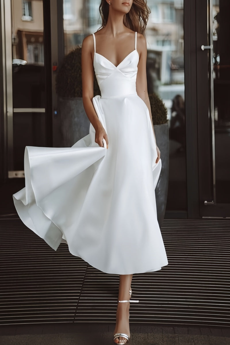 Satin Tea-Length Little White Dress with Pockets CW3379