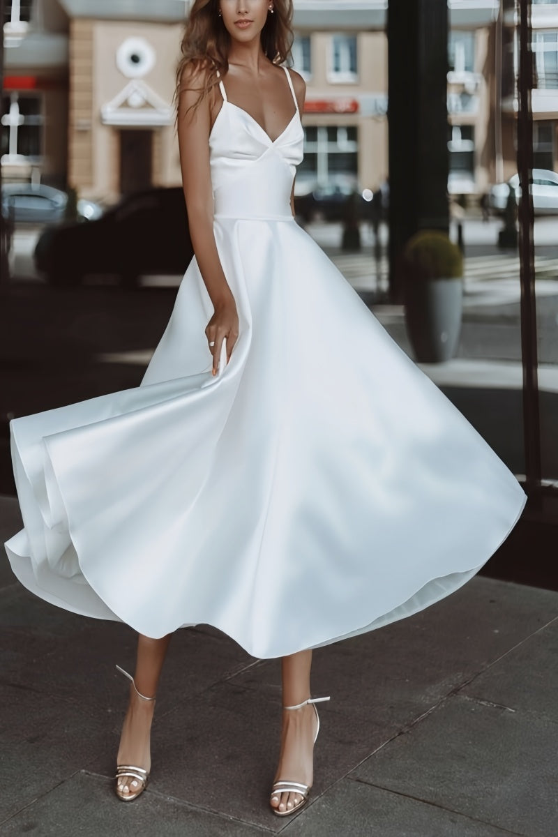 Satin Tea-Length Little White Dress with Pockets CW3379