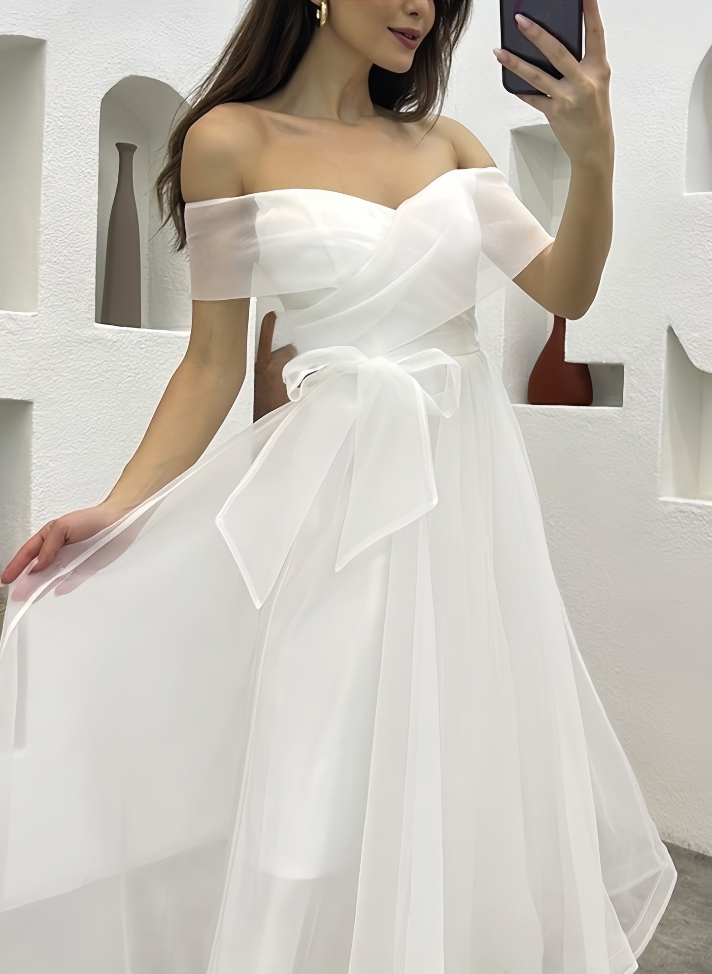 Off The Shoulder Tulle Tea-Length Little White Dress CW3380