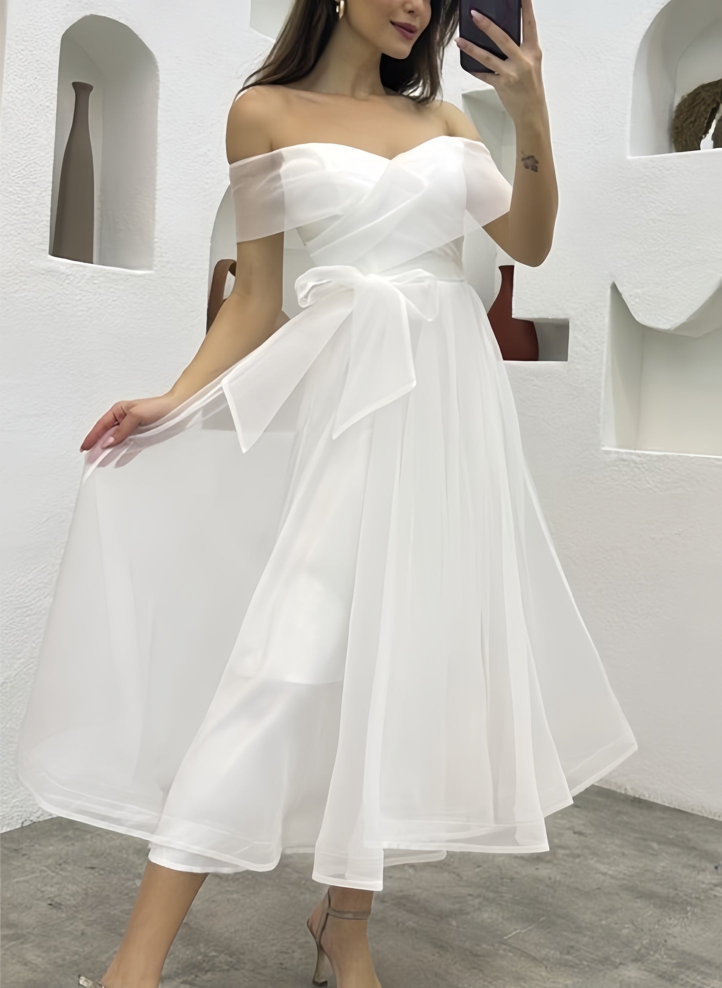 Off The Shoulder Tulle Tea-Length Little White Dress CW3380