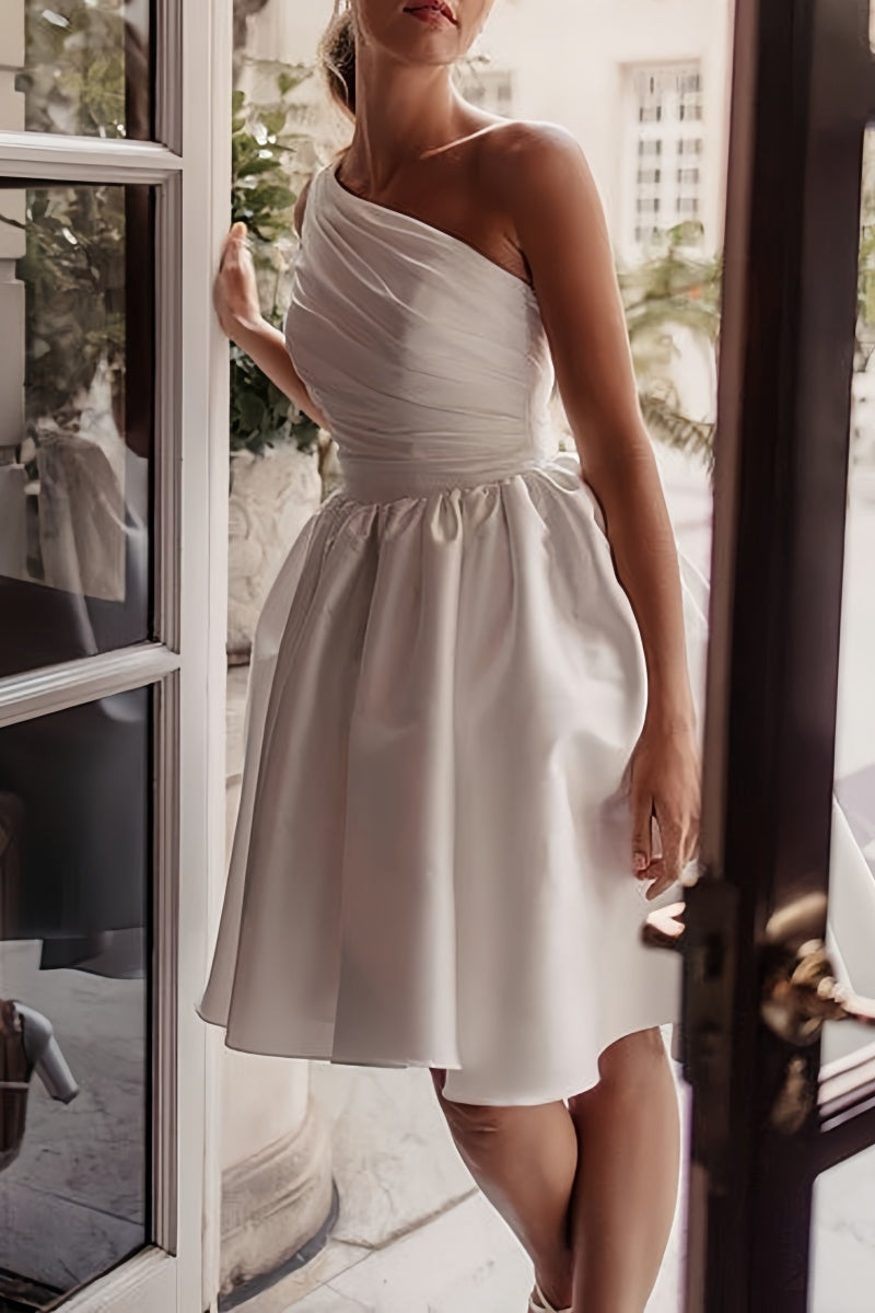 One Shoulder Satin Knee-Length Little White Dress CW3382