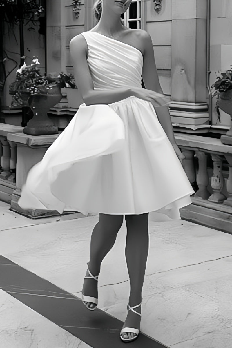 One Shoulder Satin Knee-Length Little White Dress CW3382