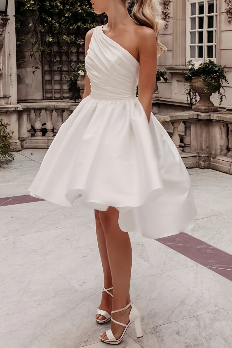 One Shoulder Satin Knee-Length Little White Dress CW3382