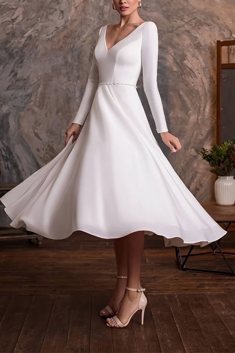 Long Sleeve Beaded Tea-Length Little White Dress CW3383