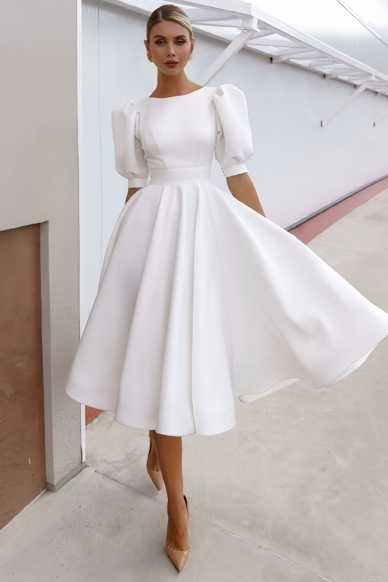 Short Sleeve Satin Tea-Length Little White Dress CW3384