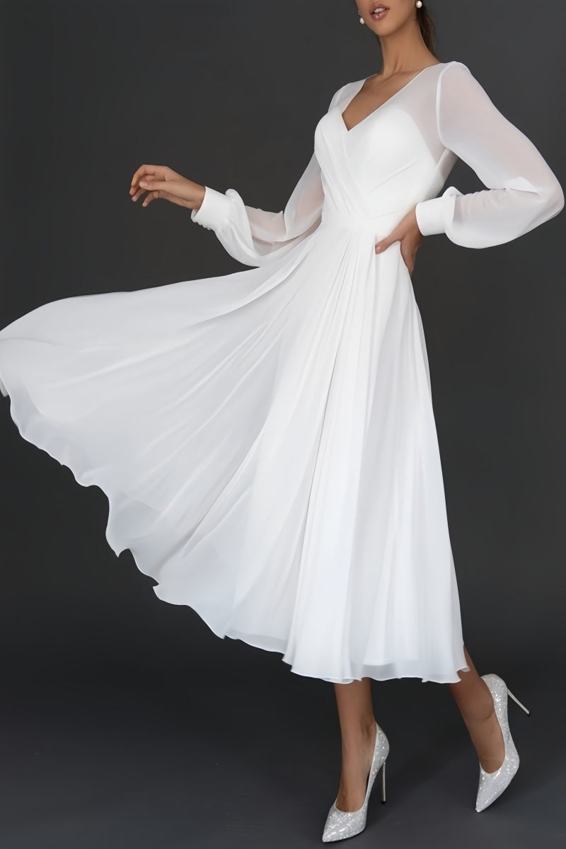 Long Sleeve Chiffon Tea-Length Little White Dress CW3385