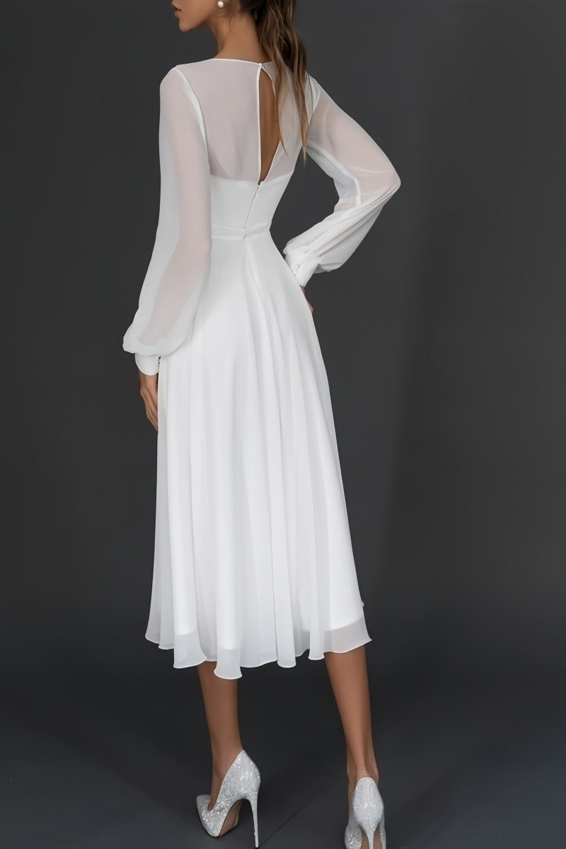 Long Sleeve Chiffon Tea-Length Little White Dress CW3385