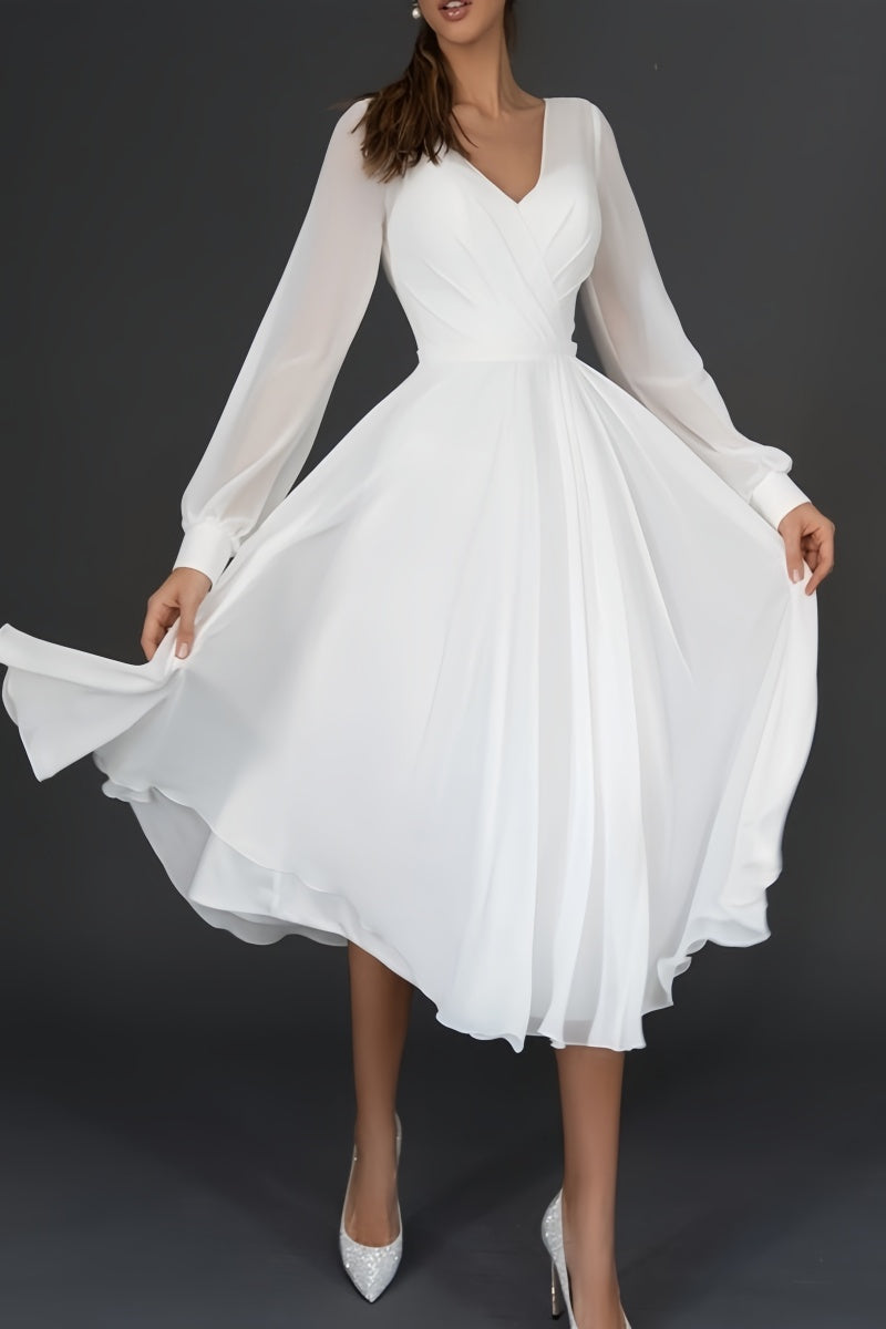 Long Sleeve Chiffon Tea-Length Little White Dress CW3385