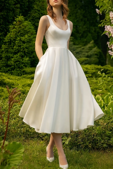 Scoop Ankle-Length Little White Dress  with Pockets CW3386