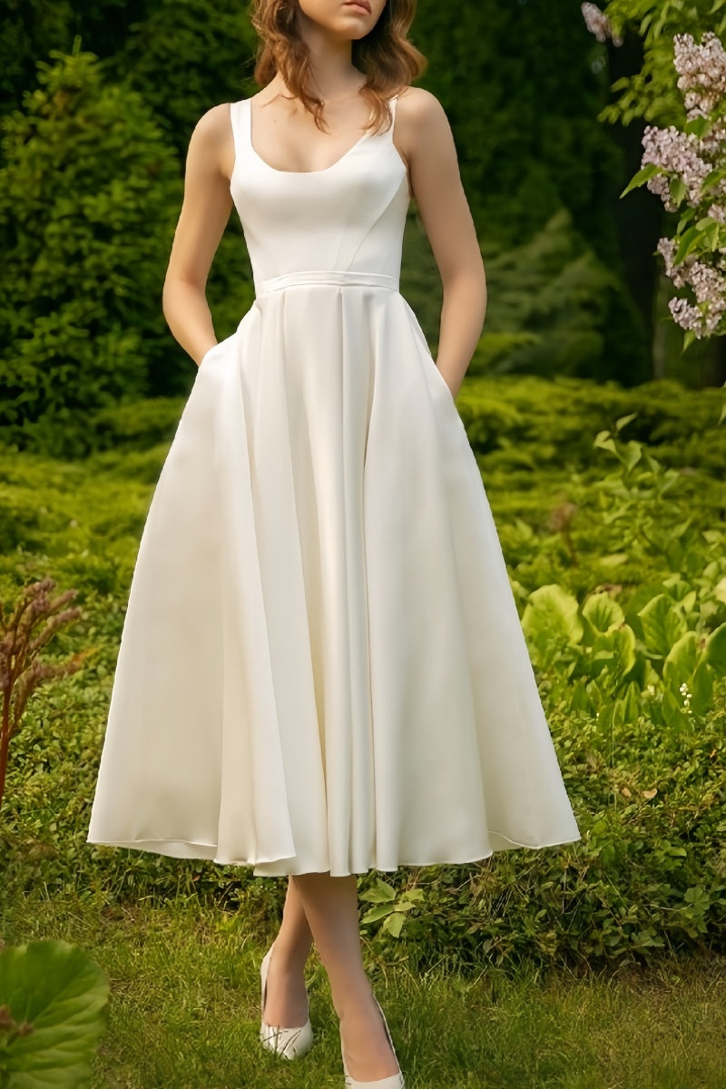 Scoop Ankle-Length Little White Dress  with Pockets CW3386