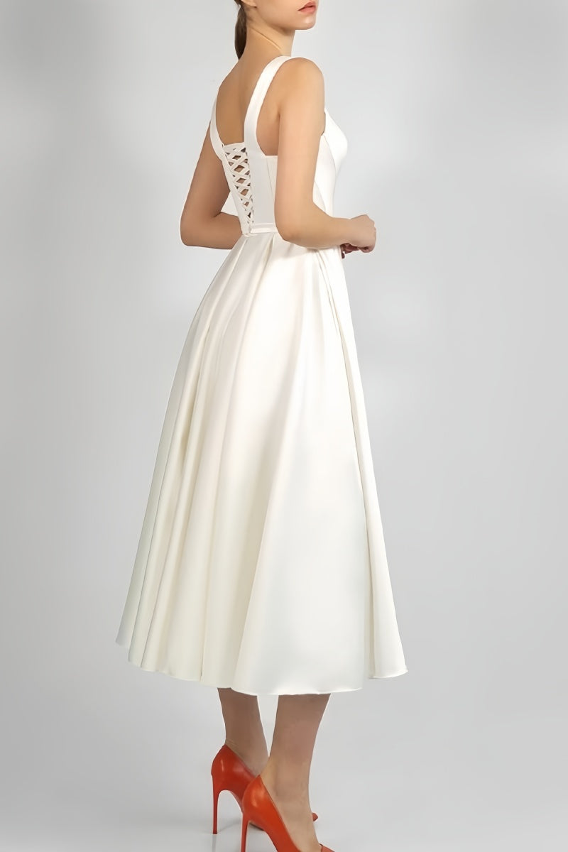 Scoop Ankle-Length Little White Dress  with Pockets CW3386