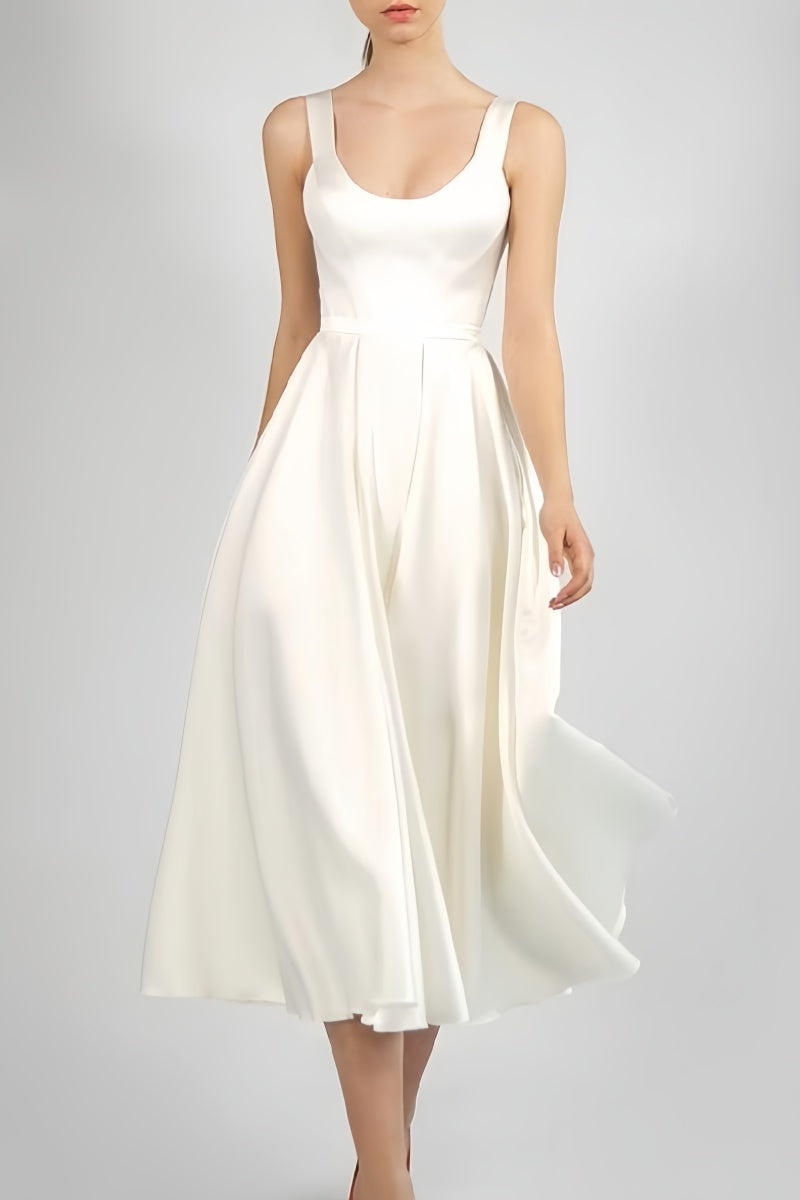 Scoop Ankle-Length Little White Dress  with Pockets CW3386