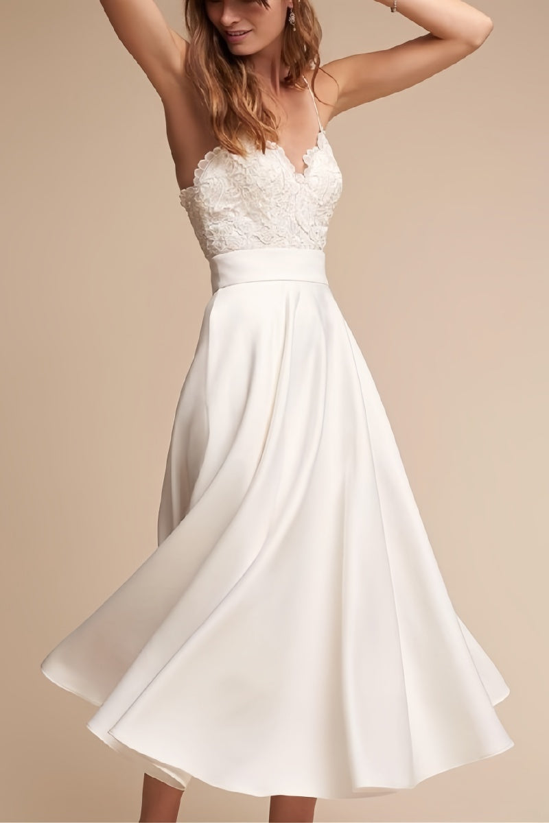 Lace Tea-Length Short Reception Wedding Dress CW3392