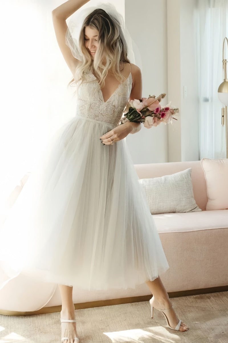 Boho Lace Tea-Length Backless Dress for Reception CW3396