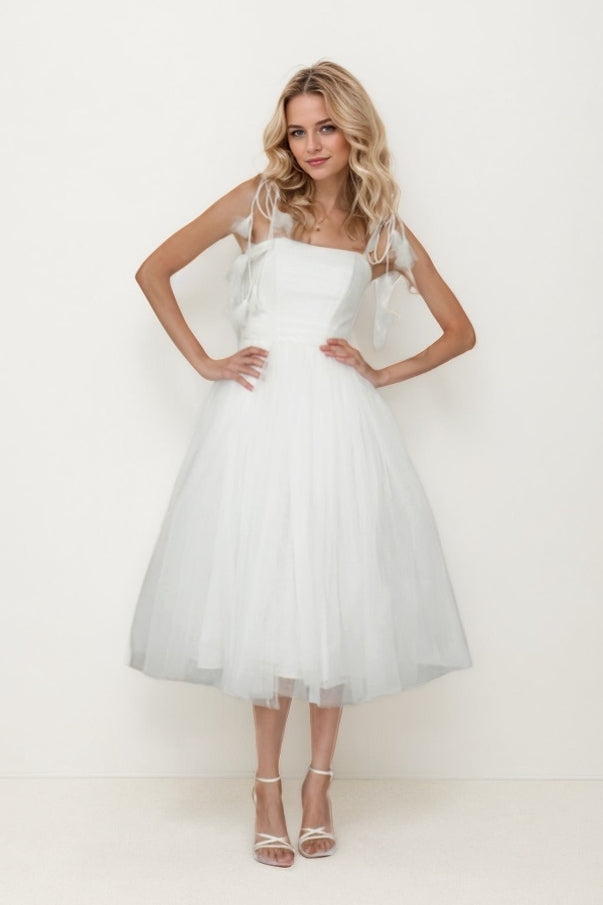 A-Line Tea Length Glitter Tulle Wedding Dress CW3410