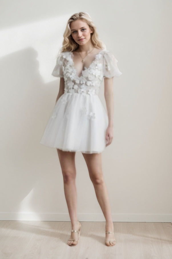 A-Line Short-Mini Lace Tulle Wedding Dress CW3414