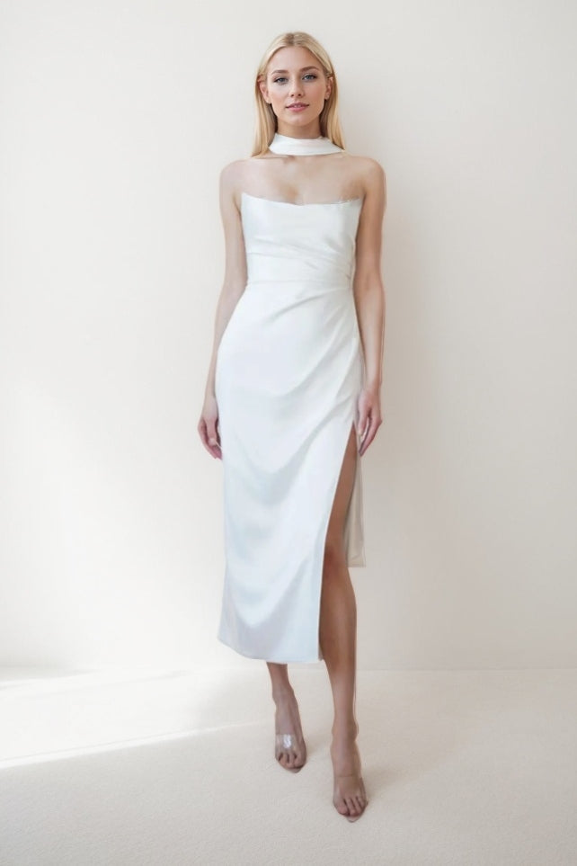 Sheath-Column Tea Length Satin Wedding Dress CW3421