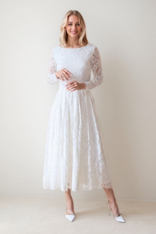 A-Line Tea Length Lace Wedding Dress CW3423