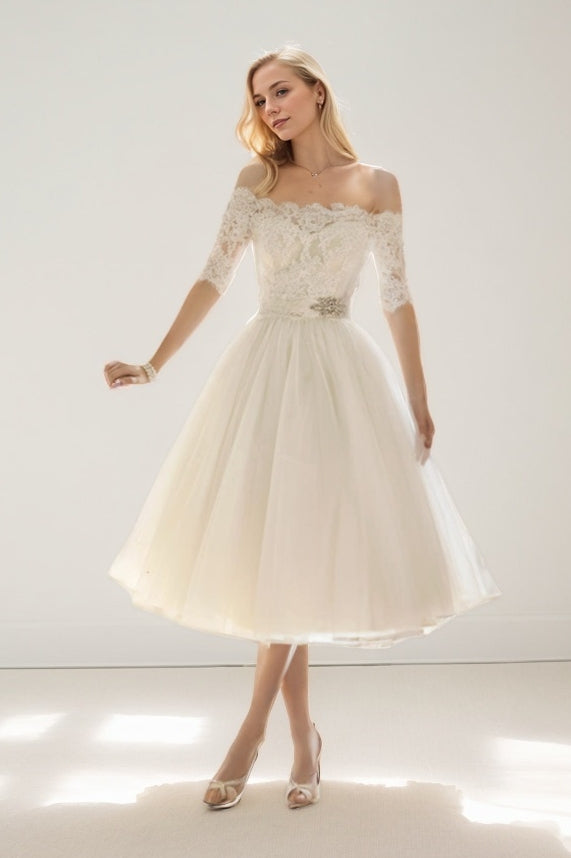 A-Line Tea Length Lace Tulle Wedding Dress CW3428