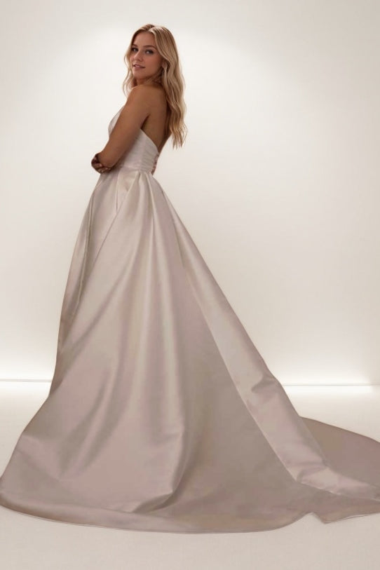 A-Line Sweep-Brush Train Satin Wedding Dress CW3464