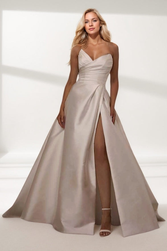 A-Line Sweep-Brush Train Satin Wedding Dress CW3464