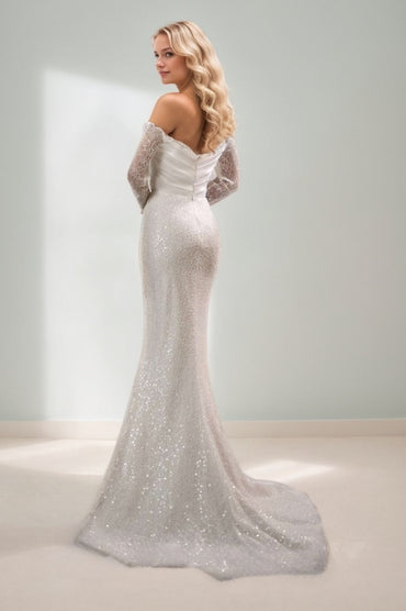 Sheath-Column Court Train Sequined Lace/Satin Wedding Dress CW3469