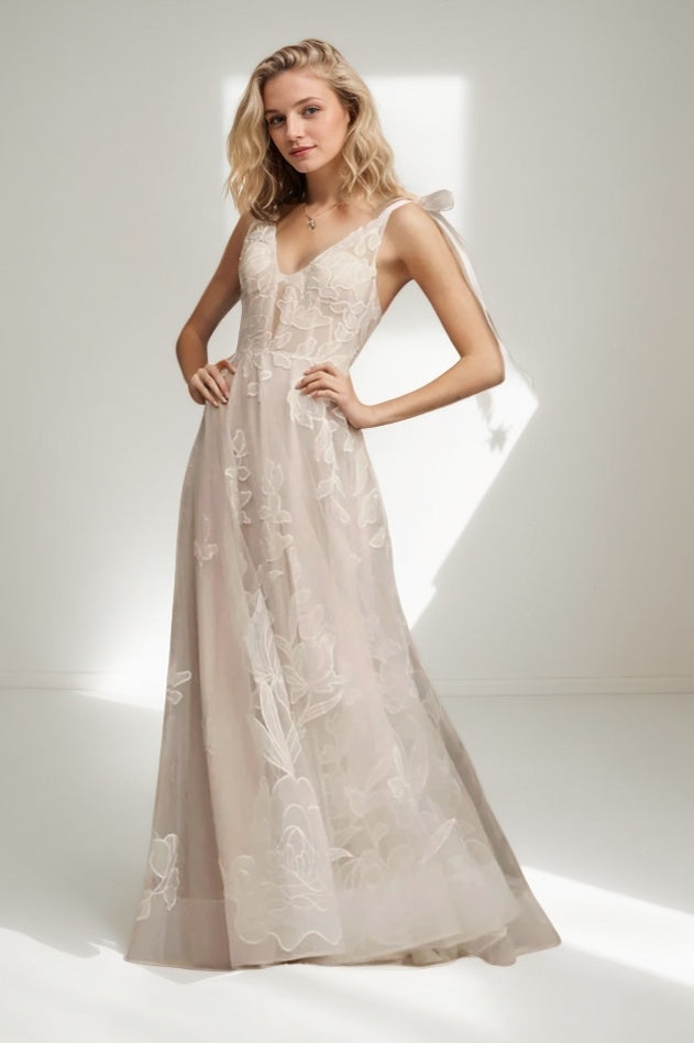 A-Line Sweep-Brush Train Lace Tulle Wedding Dress CW3470