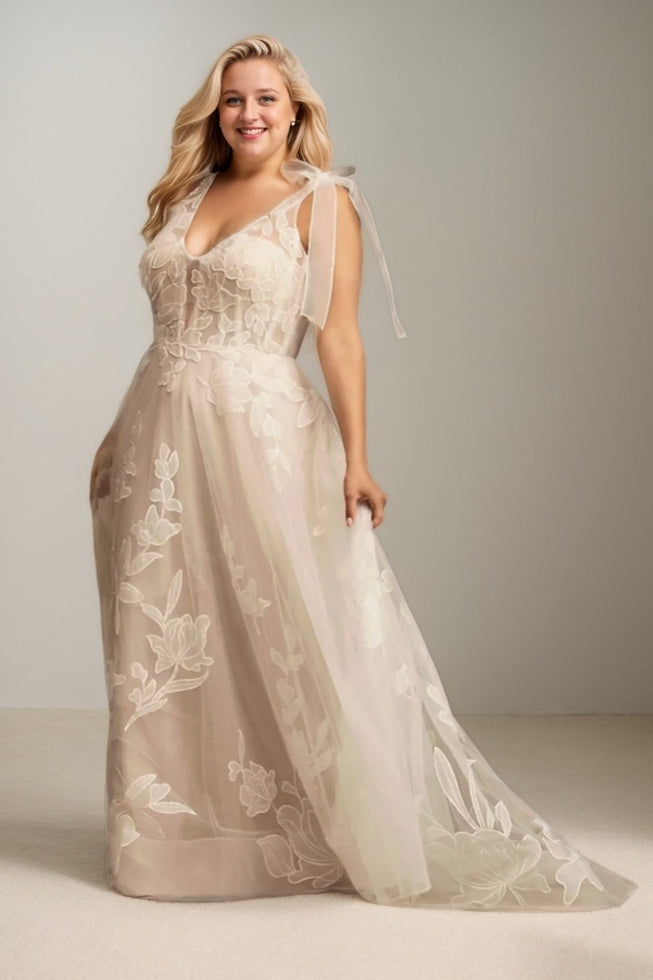 A-Line Sweep-Brush Train Lace Tulle Wedding Dress CW3472