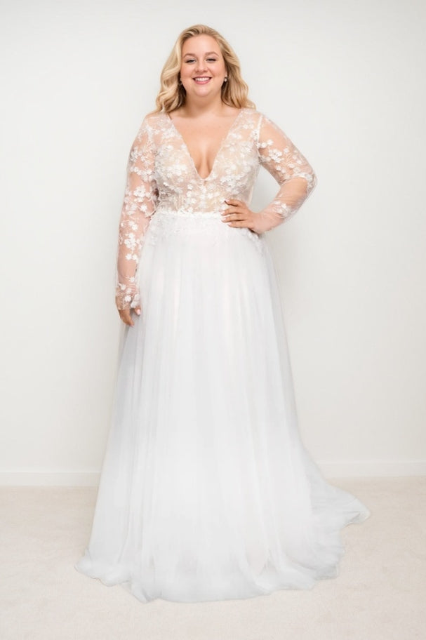 A-Line Sweep-Brush Train Lace Tulle Wedding Dress CW3493