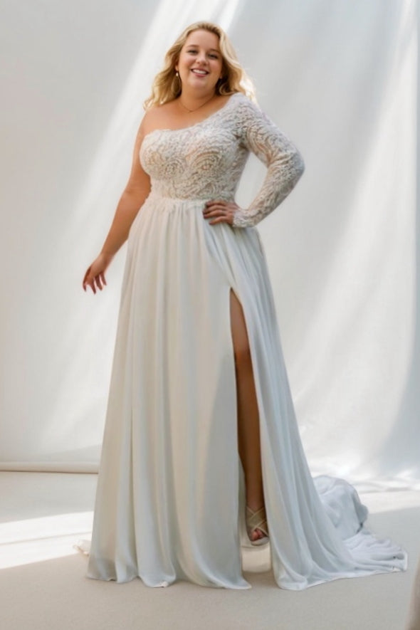 A-Line Sweep-Brush Train Lace Chiffon Wedding Dress CW3495