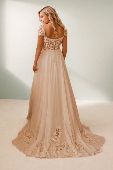 A-Line Sweep-Brush Train Lace Chiffon Wedding Dress CW3496