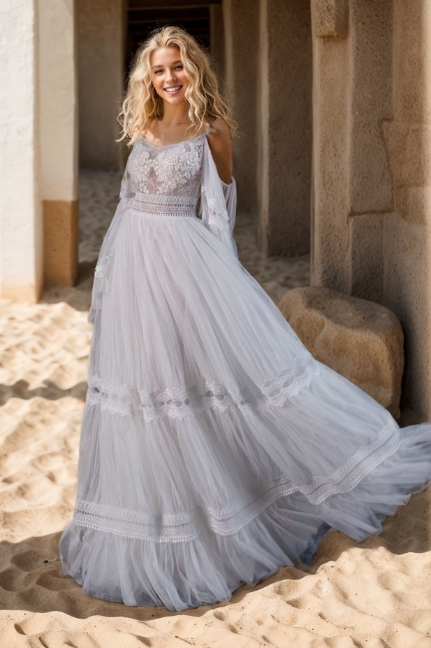 A-Line Sweep-Brush Train Lace Tulle Wedding Dress CW3497