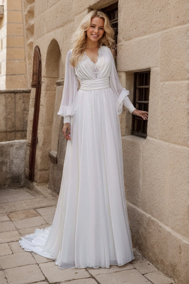 A-Line Sweep-Brush Train Lace Chiffon Wedding Dress CW3498