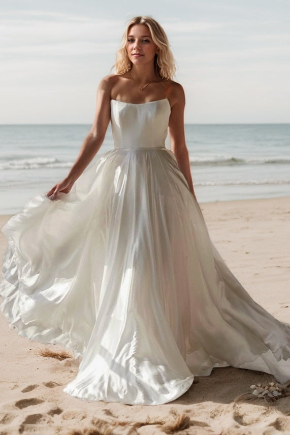 A-Line Sweep-Brush Train Chiffon Wedding Dress CW3515