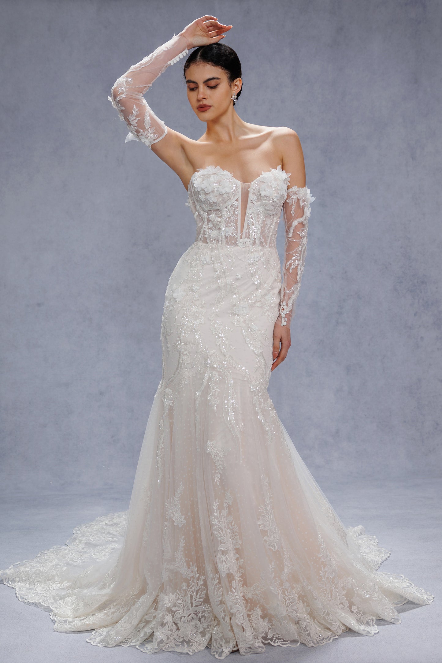 Trumpet-Mermaid Court Train Lace Tulle Wedding Dress CW3536