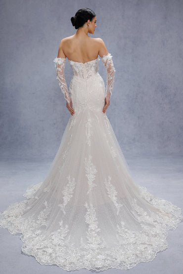 Trumpet-Mermaid Court Train Lace Tulle Wedding Dress CW3536