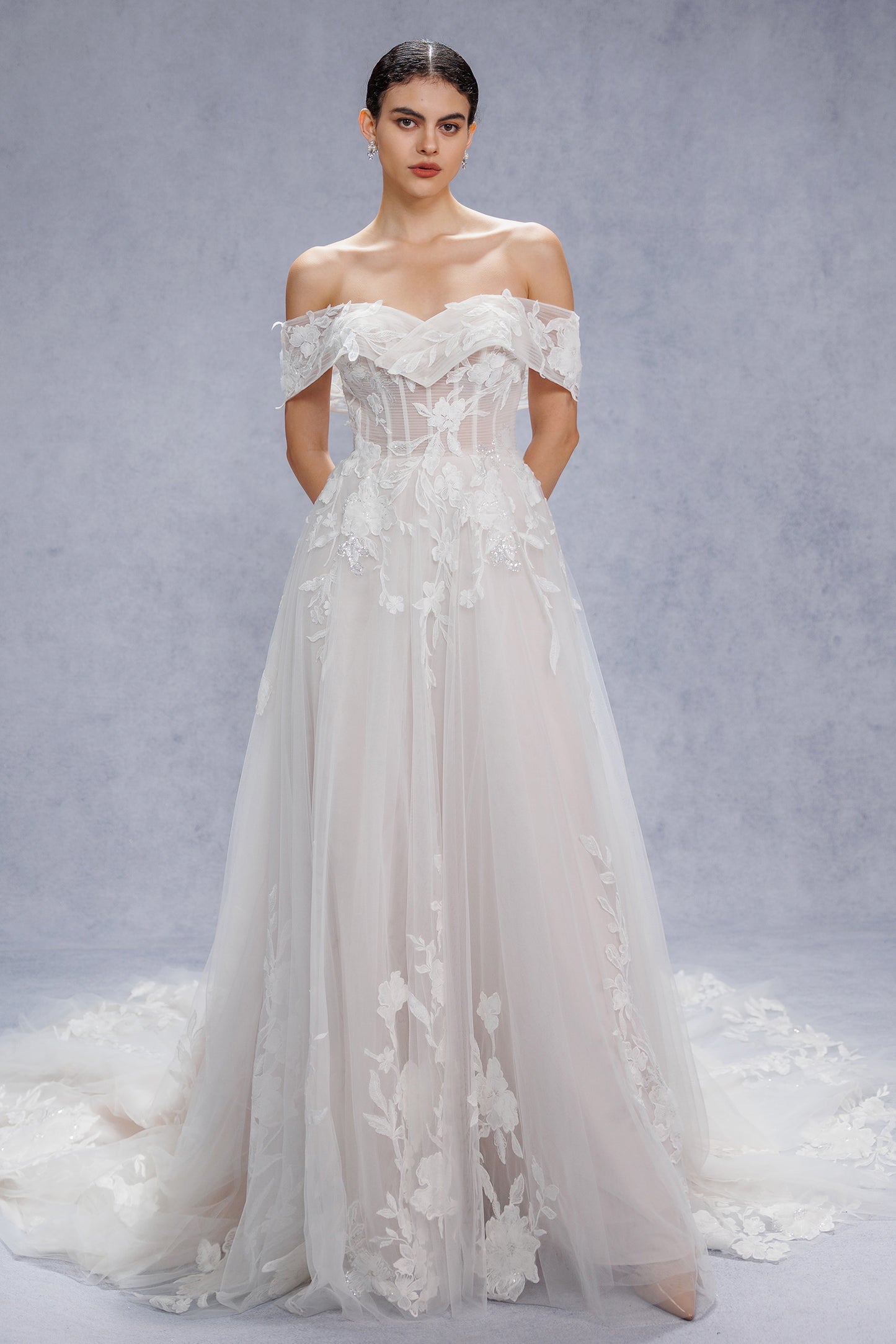 A-Line Court Train Lace Tulle Wedding Dress CW3539