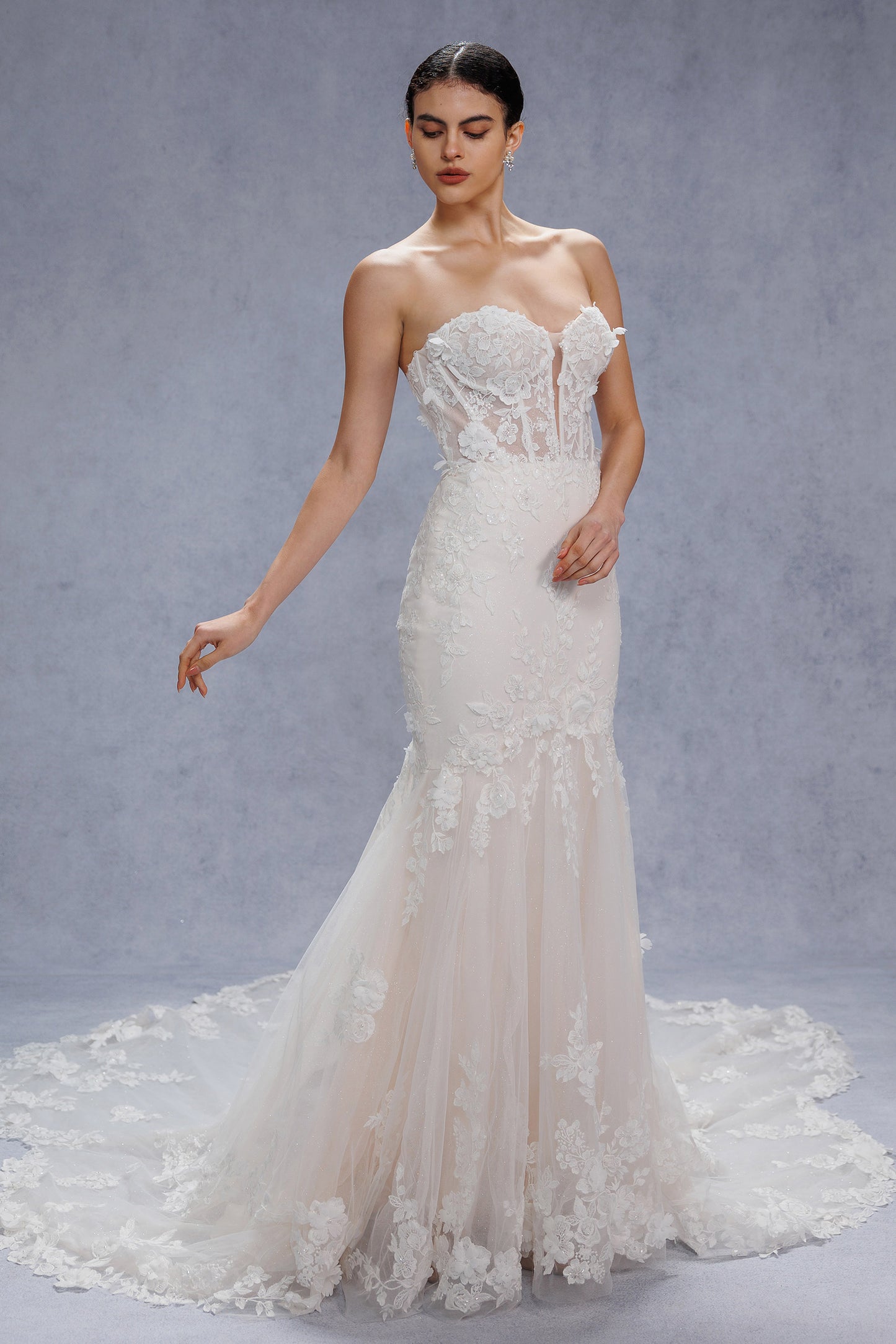 Trumpet-Mermaid Chapel Train Lace Tulle Wedding Dress CW3541