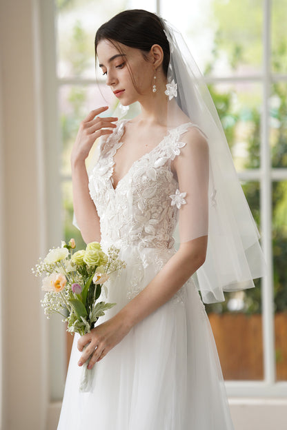 A-Line Sweep-Brush Train Lace Tulle Wedding Dress CW3306