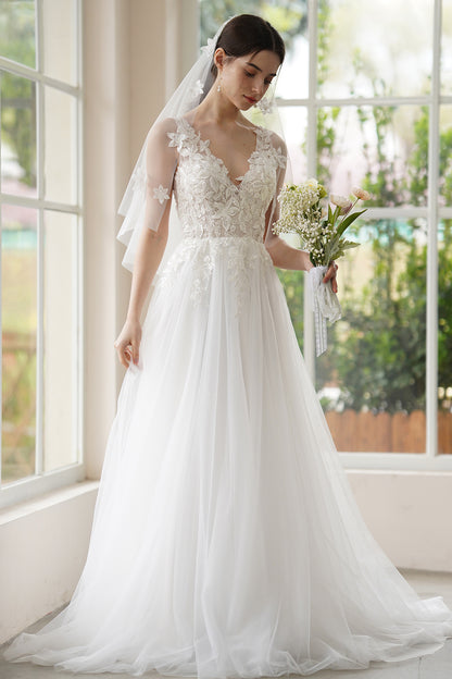 A-Line Sweep-Brush Train Lace Tulle Wedding Dress CW3306