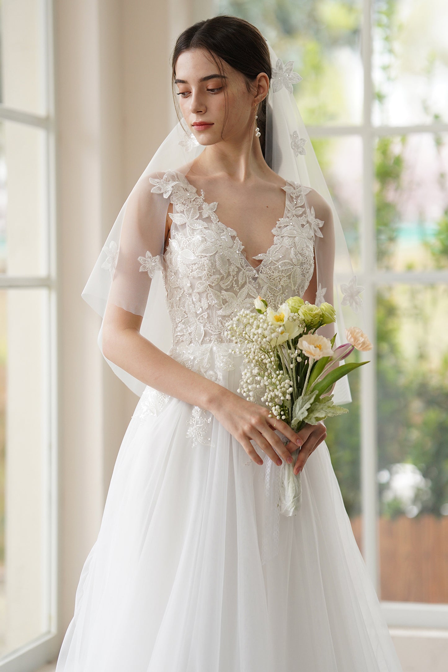 A-Line Sweep-Brush Train Lace Tulle Wedding Dress CW3306