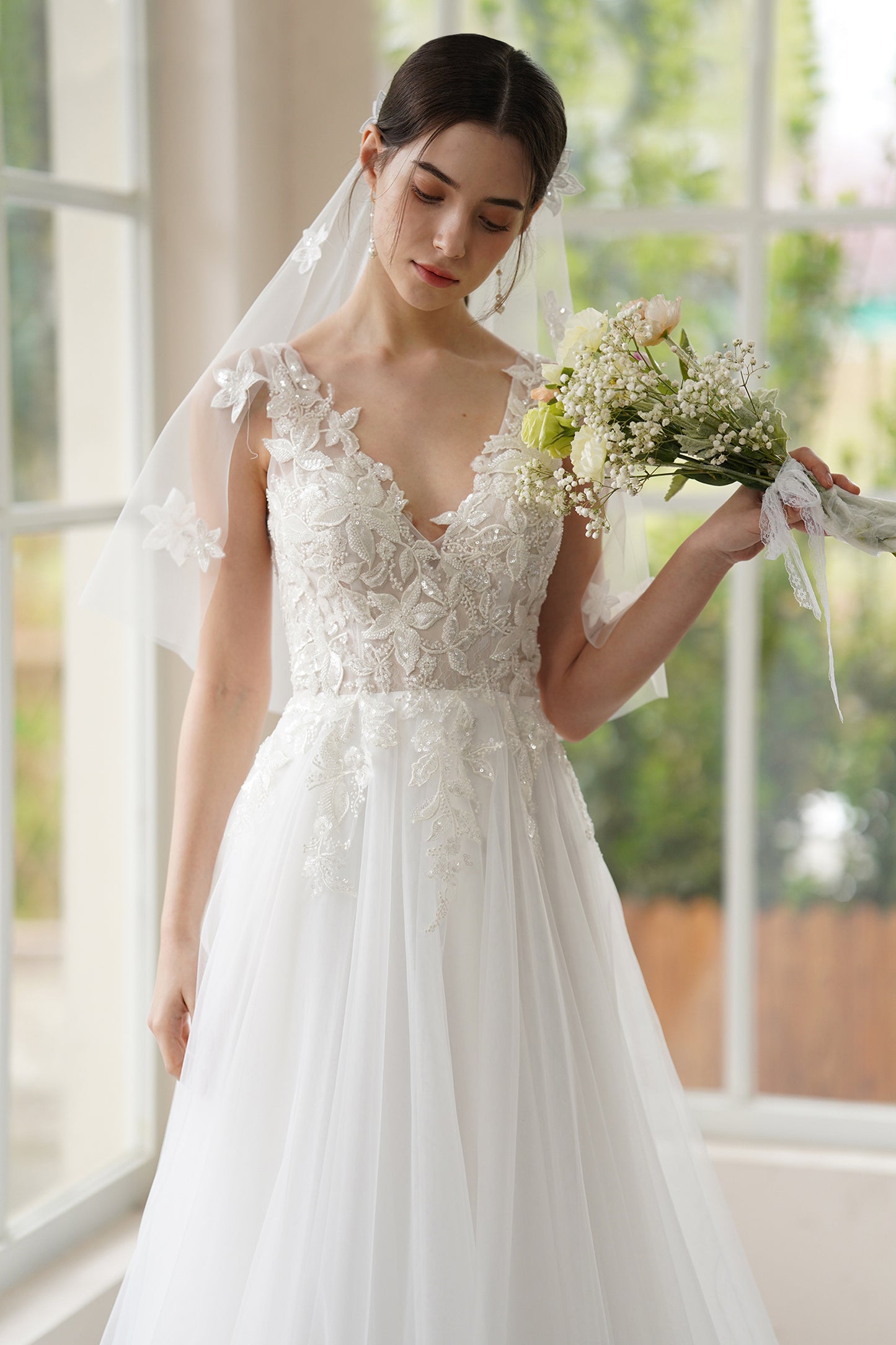 A-Line Sweep-Brush Train Lace Tulle Wedding Dress CW3306