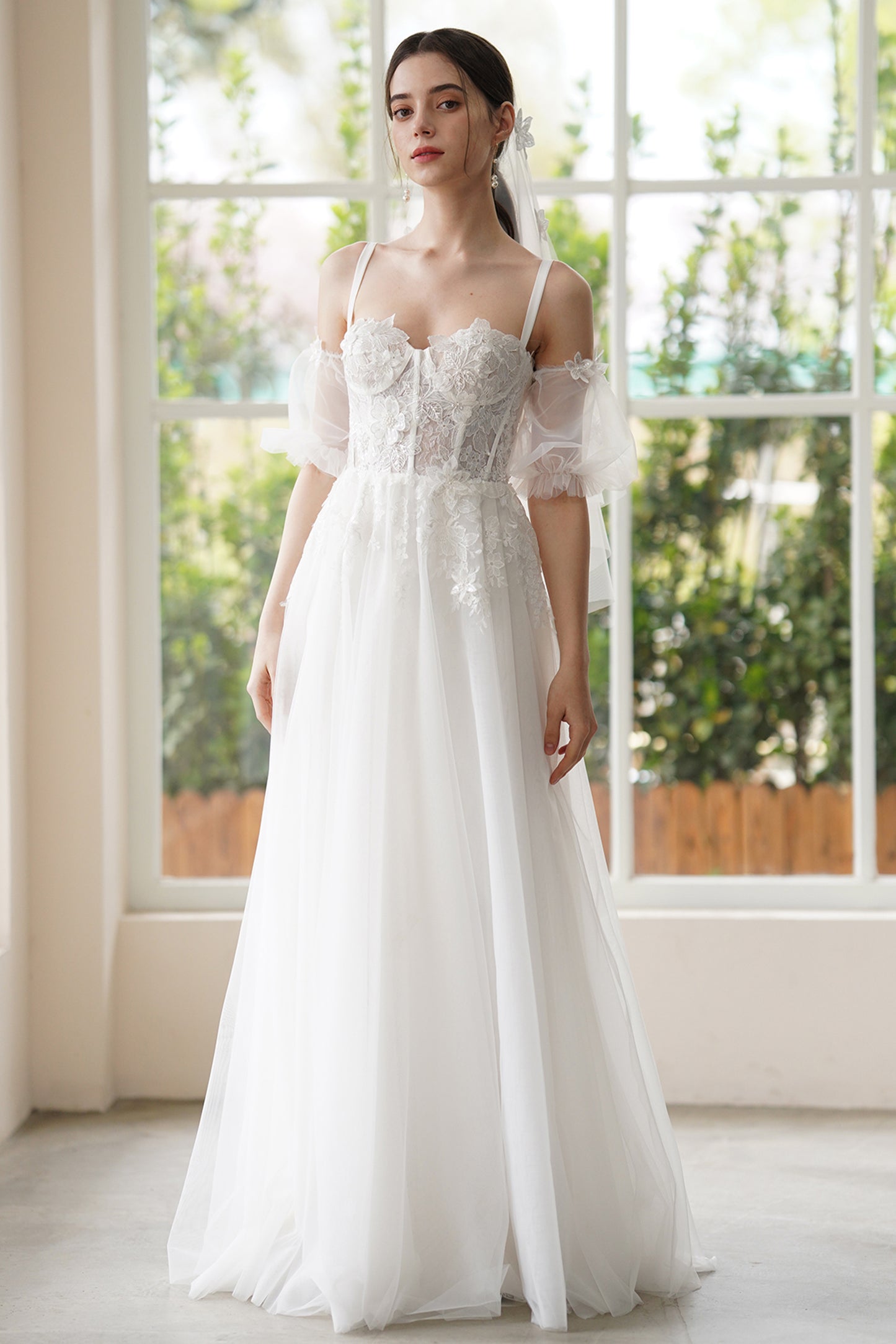 A-Line Sweep-Brush Train Lace Tulle Wedding Dress CW3307