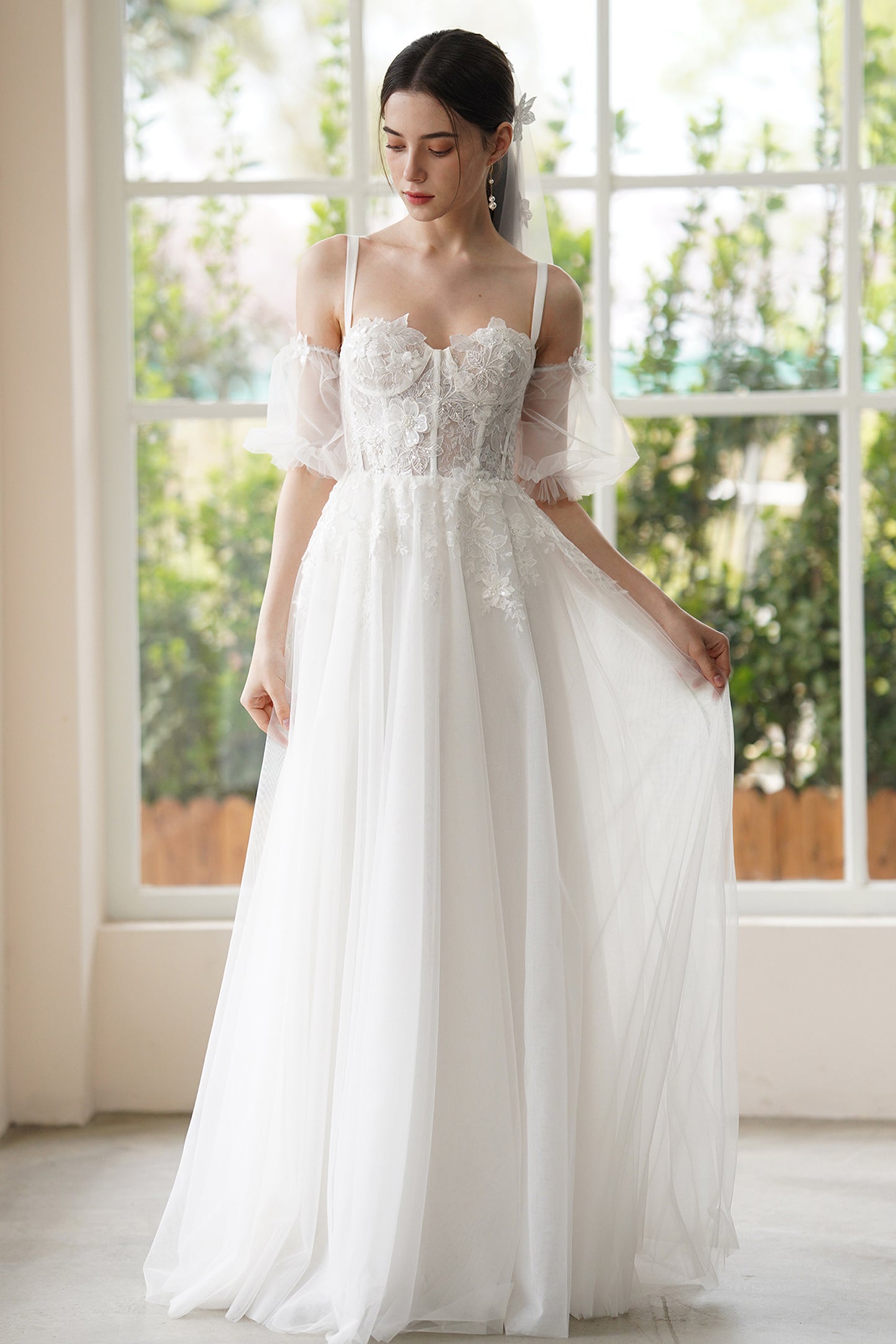 A-Line Sweep-Brush Train Lace Tulle Wedding Dress CW3307